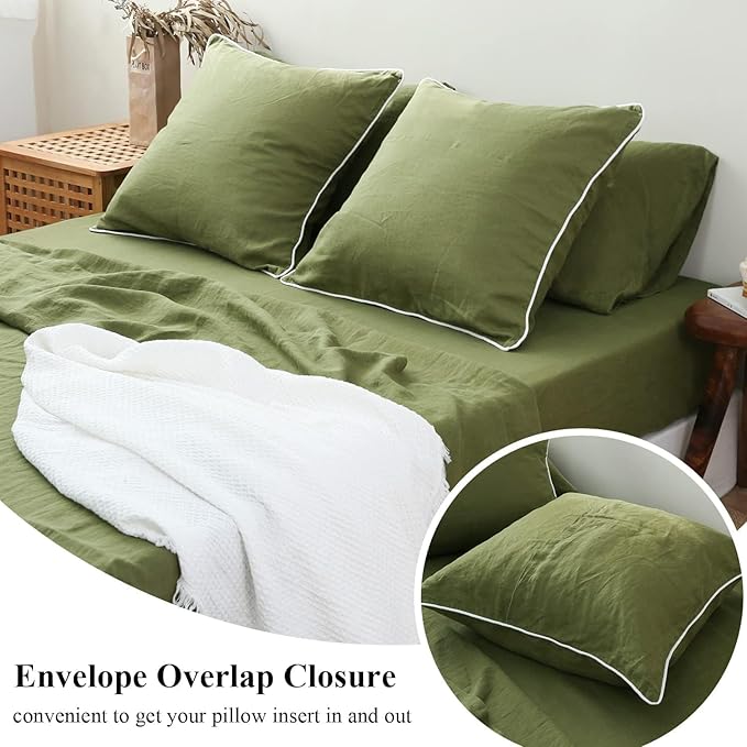 Simple&Opulence 100% Linen Euro Sham Covers with Piping Trim, 26"x26" Pillow Cover Set of 2, Breathable Pillow Shams for Bed Couch Decorative Cushions, Olive Green