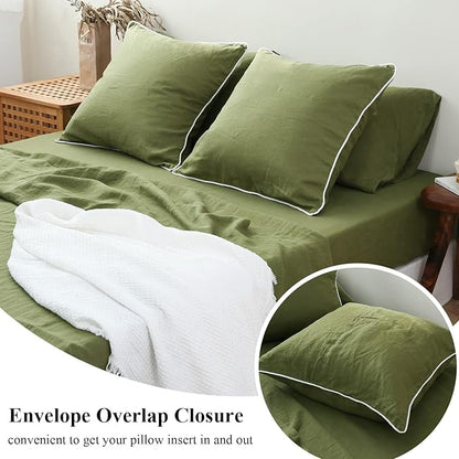 Simple&Opulence 100% Linen Euro Sham Covers with Piping Trim, 26"x26" Pillow Cover Set of 2, Breathable Pillow Shams for Bed Couch Decorative Cushions, Olive Green
