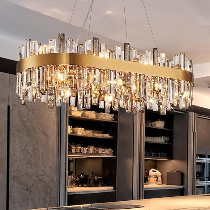 Siljoy 16-Light Modern Crystal Chandelier for Dining Room, Luxury Gold Rectangular Crystal Raindrop Chandelier, Farmhouse Oval Adjustable Pendant Ceiling Light for Living Room Kitchen Island L35.4''