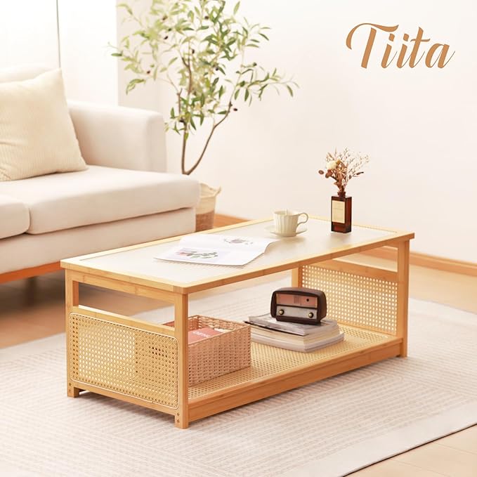 Tiita Coffee Tables for Living Room，Mid Century Modern Storage 2-Tier Coffee Tables，Rattan Glass RectangleTables，Suitable for Living Room Apartment，Wood