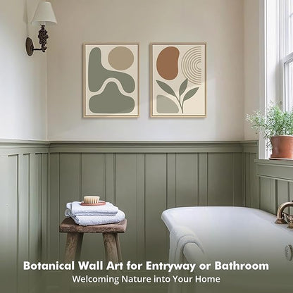 DAJONART Boho Abstract Wall Art Set of 2, Sage Green & Burnt Orange Geometric Prints Duo Framed Canvas for Japandi, Mid Century Modern, Neutral Room Decor,Minimalist Earth-Tone Art,12x16 in