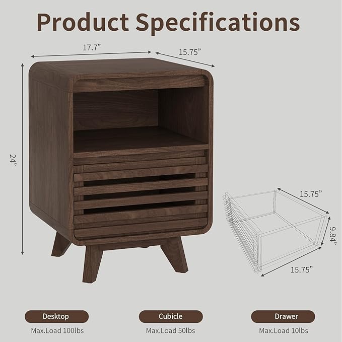 Fluted Night Stand NightstandGrille Bed Side Table End Table Large Modern Wide Bedside Stand Tall Night Stands for Bedroom Living Room Home Office, Dark Walnut