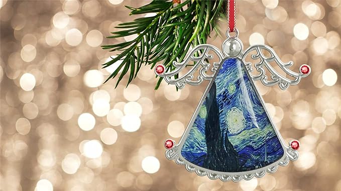 XUTAI Angel Christmas Tree Ornament Van Gogh Starry Night Style Glass Christmas Hanging Angel Glass Pendant for Holiday Decoration