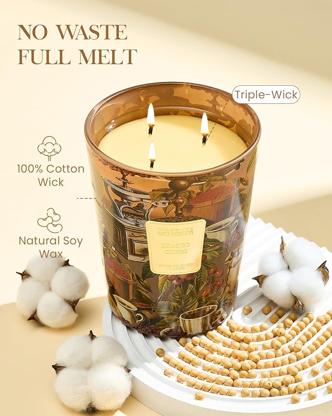 M&SENSE Roasted Coffee Scented Candle, 3 Wick Soy Natural Wax Fall Winter Candles, 35oz 150H Long Lasting, Stress Relief Festival Thanksgiving Christmas Home Fragrance Housewarming Gifts