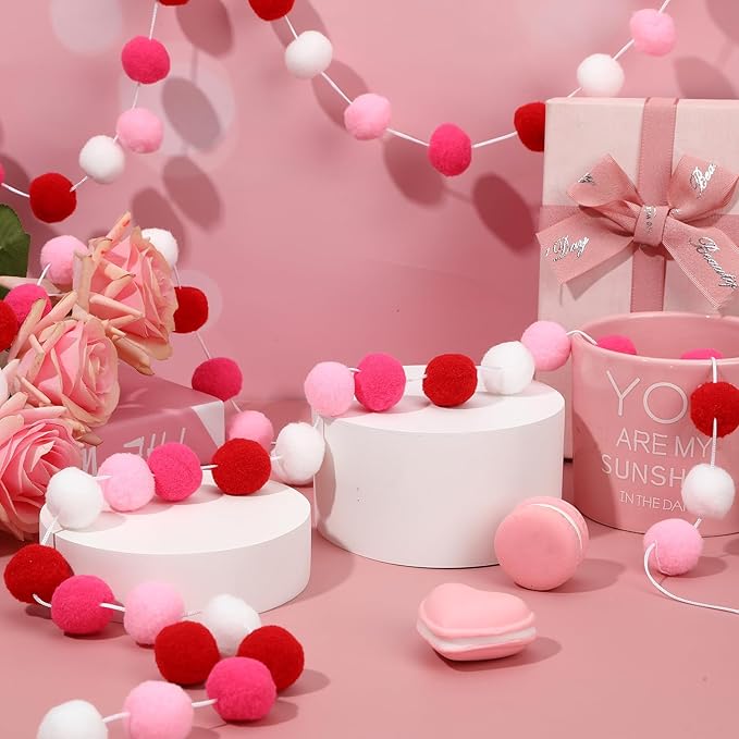 MARFOREVER 4 Pack 26.3 Feet Pink Christmas Decorations Red Pink White Pom Pom Garlands Christmas Felt Ball Hanging Supplies for Xmas Valentine's Day Wedding Birthday Party Home Wall Decor