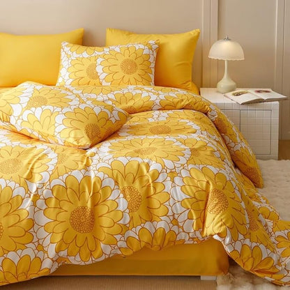 CLOTHKNOW Yellow White Queen Comforter Set Sunflower Bedding Comforter Sets Floral Queen Comforter Boho Comforter with 2 x Pillow Cases