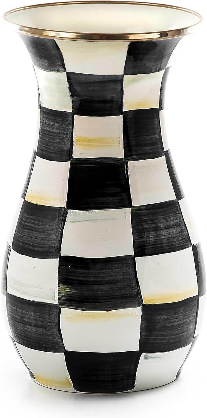 MACKENZIE-CHILDS Tall Enamel Vase, Unique Flower Vase, Decorative Table Decor for Living Room, Black-and-White Courtly Check