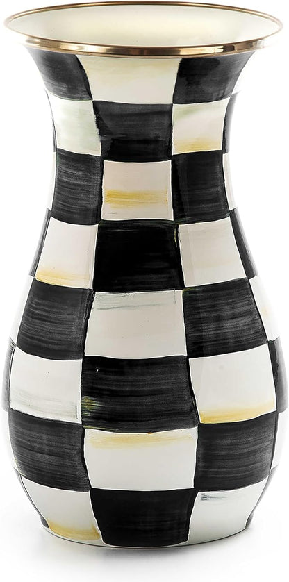 MACKENZIE-CHILDS Tall Enamel Vase, Unique Flower Vase, Decorative Table Decor for Living Room, Black-and-White Courtly Check