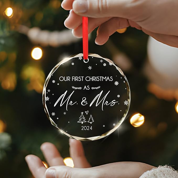 Anniversary Wedding Gifts for Him, Her, Christmas Ornament - Just Married, Romantic Couple Gifts for Husband and Wife - Christmas Tree Decoration Glass Ornament