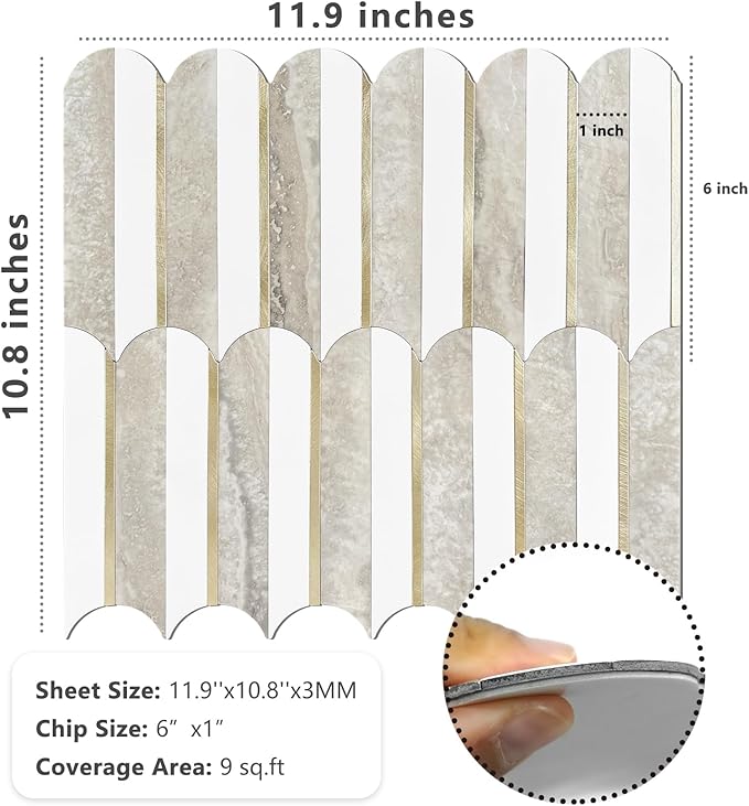 Vamos Peel and Stick Backsplash Seamless Tile for Kitchen and Bathroom,White and Beige Slate PVC Mixed Light Gold Self Adhesive Fish Scale Metal Mosaic Tiles (10 Sheets)