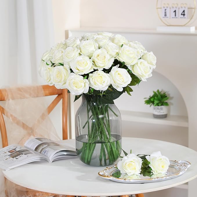 Nubry 50pcs Artificial Silk Roses Bulk,Fake Roses Flower with Stems Realistic Flowers for Wedding Centerpiece Home Party Decor(White)