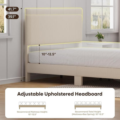 Bestier Queen Bed Frame with Adjustable Headboard, LED Lighting, Vertical Channel Tufted Corduroy Upholstered, Solid Wooden Slats Support, No Box Spring Needed, Never Squeaks, Easy Assembly, Beige