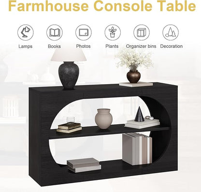 55-Inch Entryway Table with Storage, 3-Tier Console Tables, Behind Couch Table Wood Narrow Console Tables for Entryway, Living Room, Foyer, Hallway, Entry (Black)