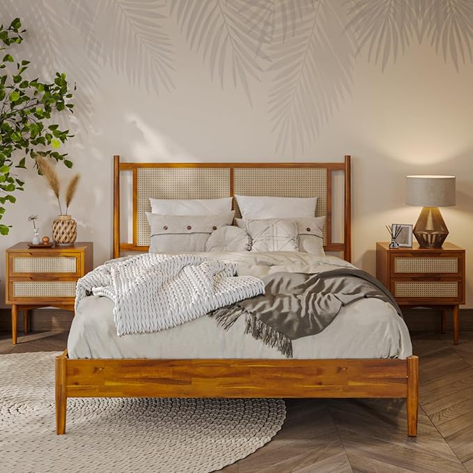 Bme Oliver Headboard Queen Size Bed Frame - 15-Inch Signature Design with Rattan Headboard, Bohemian and Mid Century Style, 12-Slat Wood Support, No Box Spring Needed - Easy Assembly, Caramel