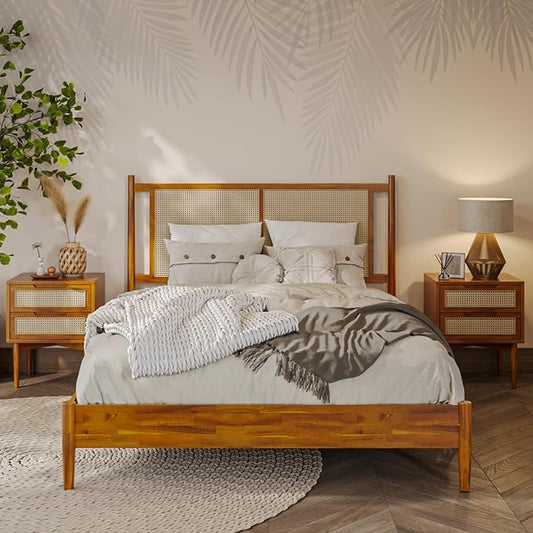 Bme Oliver Headboard Queen Size Bed Frame - 15-Inch Signature Design with Rattan Headboard, Bohemian and Mid Century Style, 12-Slat Wood Support, No Box Spring Needed - Easy Assembly, Caramel