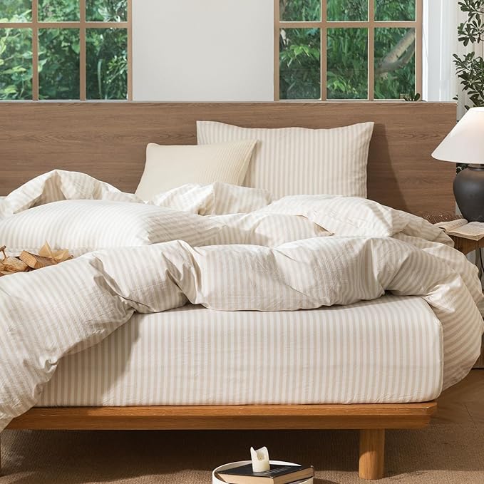 MooMee Striped Duvet Cover Set 100% Washed Cotton Linen Like Textured Breathable Durable Soft Comfy (Almond Milk Grey Classic Stripes, King 104"x90")