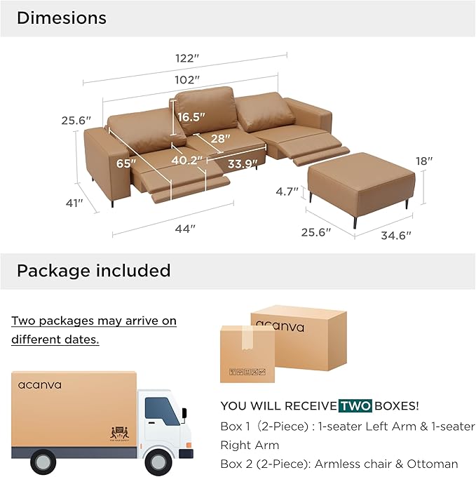Acanva Dual Power Reclining Sectional Sofa with Movable Ottoman, Modern Vegan Leather Modular Recliner Couch for Living Room, 4 Piece Set