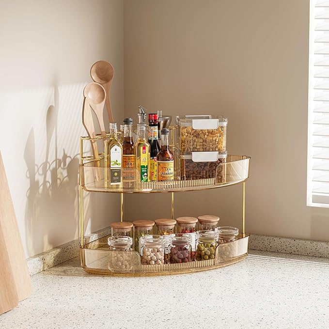 FELIZHOUSE 2-Tier Makeup Organizer for Vanity & Bathroom Countertop – Acrylic Storage Shelf with Perfume Makeup Brush Holder, Tool-Free Installation, Design for Bathroom & Dresser - Amber