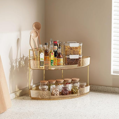 FELIZHOUSE 2-Tier Makeup Organizer for Vanity & Bathroom Countertop – Acrylic Storage Shelf with Perfume Makeup Brush Holder, Tool-Free Installation, Design for Bathroom & Dresser - Amber