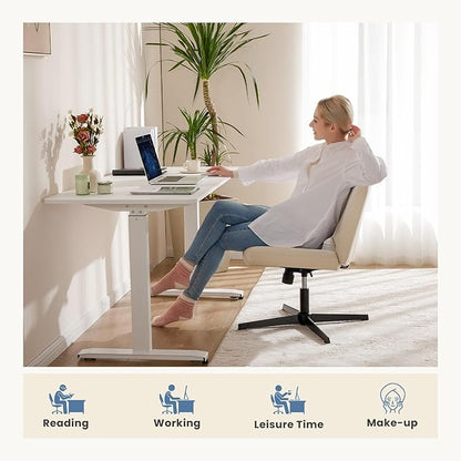 DUMOS Desk Chair No Wheels, Criss Cross Chair Wide Cross Legged Desk Vanity Chair, PU Leather Armless Adjustable Swivel Chairs for Home Computer Task Beige