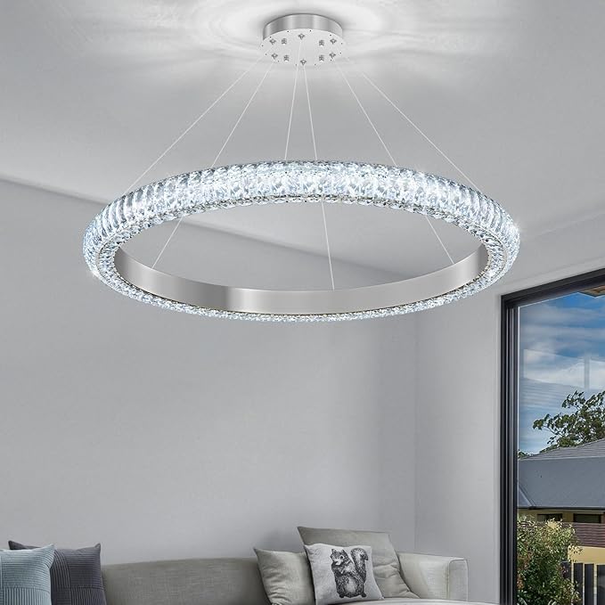 31.5" 1 Ring Crystal Chandelier Modern LED Dimmable Ring Pendant Light Chandelier for Dining Room Living Room Silver