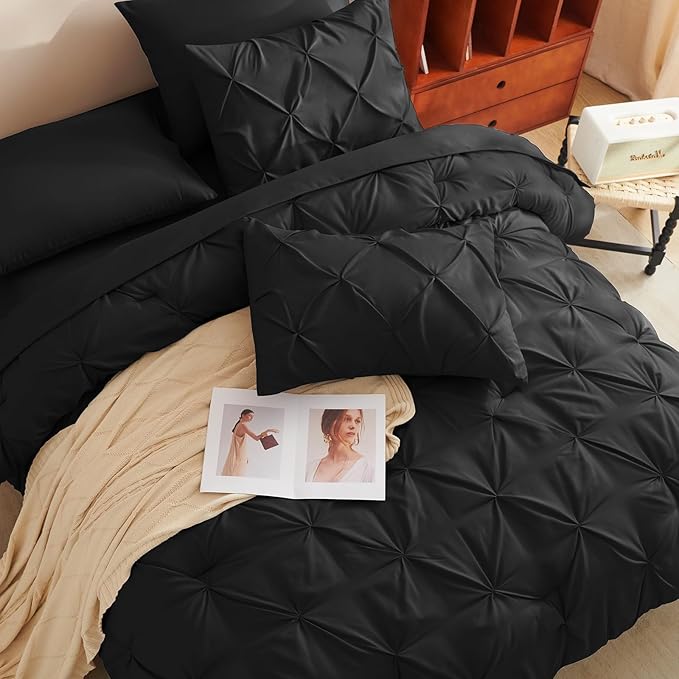 CozyLux California King Comforter Set Black - 7 Pieces Cal King Pintuck Bed in A Bag Gift for Family, Pinch Pleat Bedding Sets with All Season Comforter, Sheets, Pillowcases & Shams