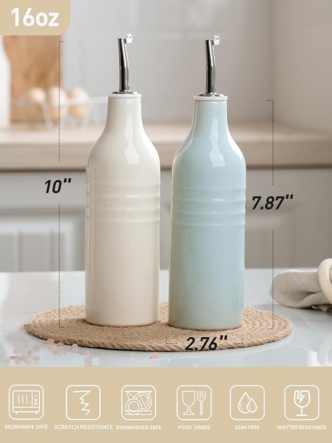 famiware Jupiter 16oz Ceramic Olive Oil Dispenser Bottle, Oil and Vinegar Dispenser Bottle Set of 2 with Stainless Steel Pourers, Suitable for Storage Vinegar, Liquids, Light Blue & Vanilla White