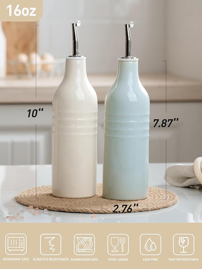 famiware Jupiter 16oz Ceramic Olive Oil Dispenser Bottle, Oil and Vinegar Dispenser Bottle Set of 2 with Stainless Steel Pourers, Suitable for Storage Vinegar, Liquids, Light Blue & Vanilla White
