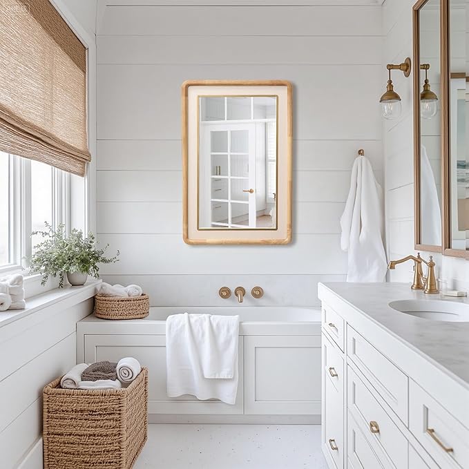 LuxenHome Rounded Rectangle Wall Mirror, 35.4" x 23.6" Large Solid Wood Framed Bathroom Mirror for Wall, Decorative Wooden Mirrors for Entryway Living Room Bedroom, Hangs Horizontally or Vertically