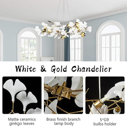 Gold Leaf Chandelier 31.5 Inch, Modern Brass Chandeliers Light,Ginkgo Chandelier for Living Room 5 Light Hanging Round Light Fixture 48 Leaves
