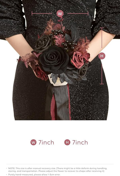Ling's moment Artificial Flowers Gothic Bridesmaid Bouquet, Burgundy and Black Wedding Flowers Bouquets for Bridesmaids, 7 Inch Bridal Bouquets for Bridesmaids, Wedding, Ceremony, Anniversary, etc