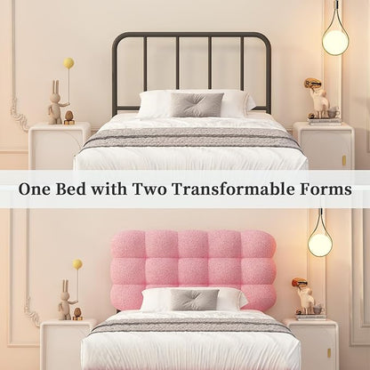 BarnFurin Twin Bed Frame with Upholstered Headboard, Teddy Soft Boucle Fabric, Platform Bed with Strong Wooden Slats Support, Two Bed Forms Design, No Boxing Spring Needed, Easy Assembly, Pink