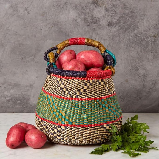Kitchen Decor, Kitchen Storage, Fruit Basket, Wicker Basket, Woven, Shelf Decor, Decorative Basket, Harvestng Basket, Boho, African, Bolga, Pot Shape, 9" W, Small, Dark Green