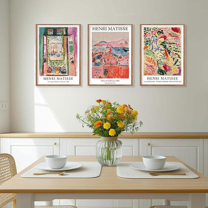 ILLBDR Framed Wall Art Vintage Matisse Wall Art Canvas Set of 3, Retro Prints Poster Mid Century Aesthetic Floral Botanical Decor for Living Room Bathroom Bedroom 12x16 Inch Framed