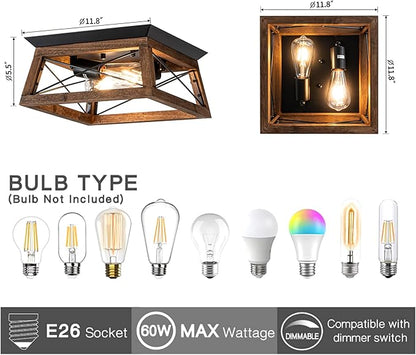 Farmhouse Ceiling Light, 2-Light Flush Mount Light Fixture with Metal and Wood Design, Rustic Light Fixture for Kitchen, Entryway, Hallway, Bedroom