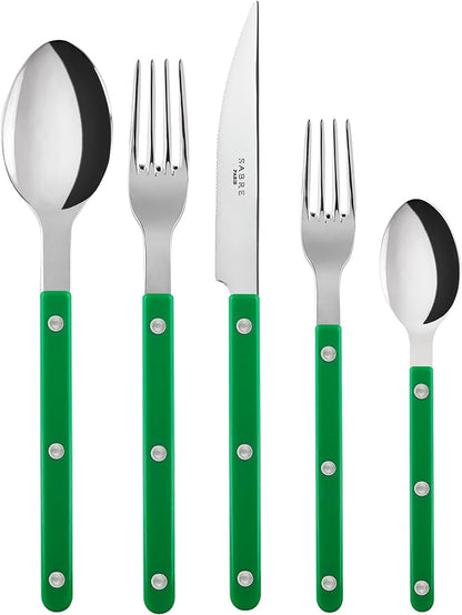 5-Piece Flatware Set - Bistrot Collection - Knife, Fork, Soup Spoon, Teaspoon & Dessert Fork - Stainless Steel & Nylon - Dishwasher Safe - Garden Green - Brilliant Finish