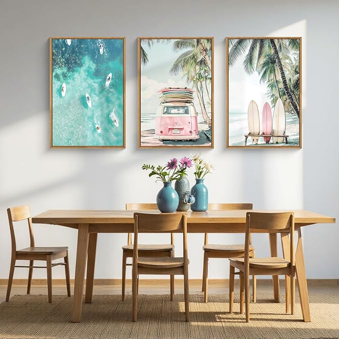 HOURIA Summer Surfboard Beach Framed Canvas Wall Art Set,Modern Ocean Surfing Seascape Wall Decor,Coastal Bus Coconut Tree Wall Painting,Nature Botanical Art Prints for Living Room, Bedroom-16 x24 x3