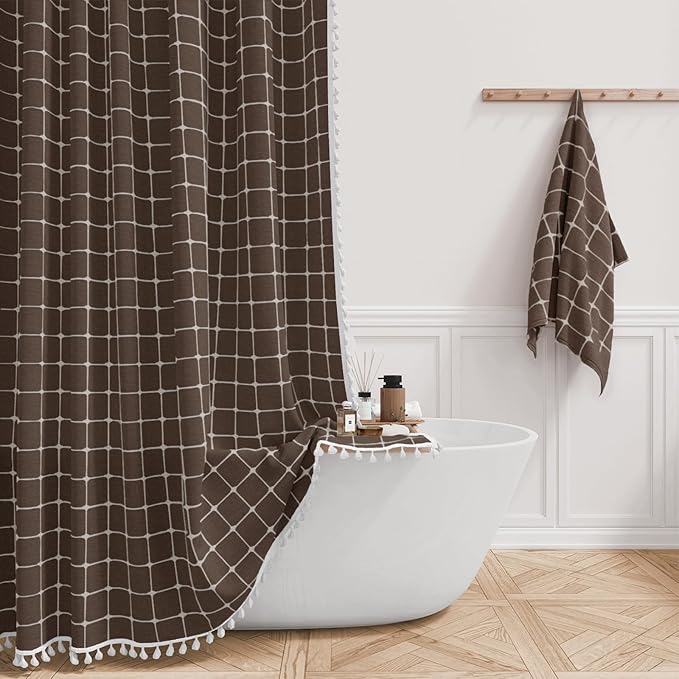 BTTN 60 Inch Stall Shower Curtain - Boho Farmhouse Linen Weighted Fabric Cloth Shower Curtain Set with 10 Plastic Hooks, Narrow Bohemian Country Decorative Shower Curtains for Bathroom - 60x72 - Brown