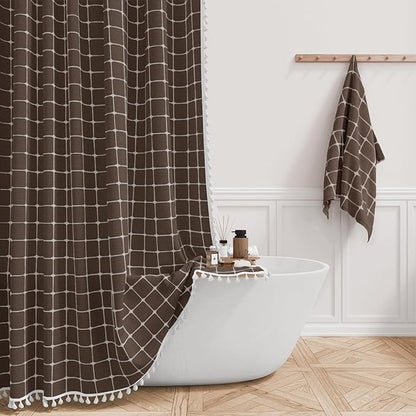 BTTN 60 Inch Stall Shower Curtain - Boho Farmhouse Linen Weighted Fabric Cloth Shower Curtain Set with 10 Plastic Hooks, Narrow Bohemian Country Decorative Shower Curtains for Bathroom - 60x72 - Brown
