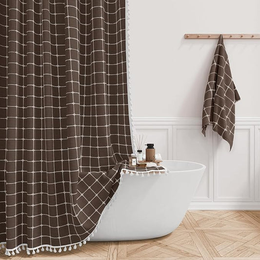 BTTN 60 Inch Stall Shower Curtain - Boho Farmhouse Linen Weighted Fabric Cloth Shower Curtain Set with 10 Plastic Hooks, Narrow Bohemian Country Decorative Shower Curtains for Bathroom - 60x72 - Brown