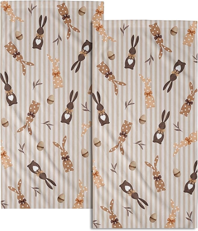 Brown Bunny Eggs Decorative Hand Towel 2PCS Easter Stripe Holiday Super Soft Fast Drying Washcloths