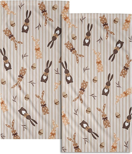 Brown Bunny Eggs Decorative Hand Towel 2PCS Easter Stripe Holiday Super Soft Fast Drying Washcloths