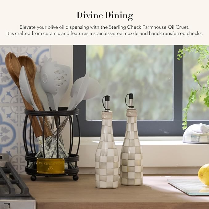 MACKENZIE-CHILDS Farmhouse Oil Cruet, Ceramic Oil Dispenser Bottle, Gray-and-White Sterling Check