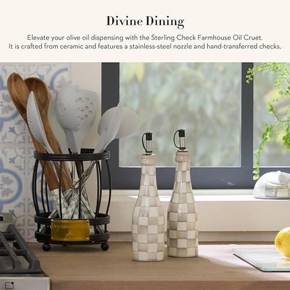 MACKENZIE-CHILDS Farmhouse Oil Cruet, Ceramic Oil Dispenser Bottle, Gray-and-White Sterling Check