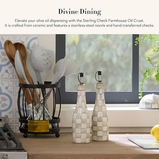 MACKENZIE-CHILDS Farmhouse Oil Cruet, Ceramic Oil Dispenser Bottle, Gray-and-White Sterling Check