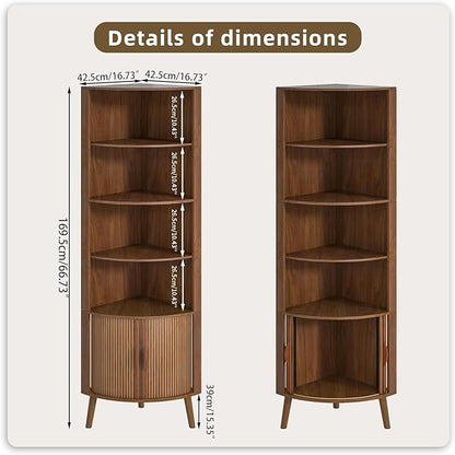 5-Tier Corner Shelf, 66.73''Tall Modern Corner Bookshelf, 5 Shelf Bookcase with 2 Fluted Doors, Freestanding Wood Corner Display Storage Shelf Organizer for Living Room, Office (Walnut)