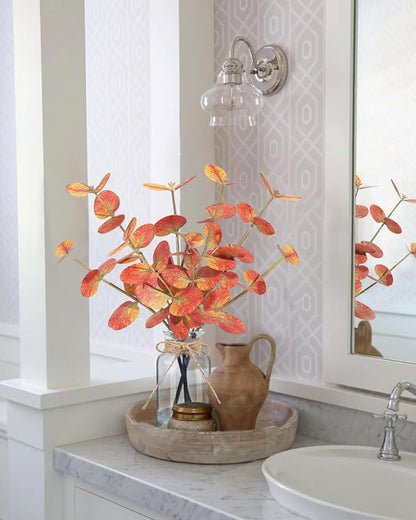 Fall Artificial Eucalyptus Stems in Glass Vase with Faux Water 14" Autumn Eucalyptus Branches Fall Home Table Decor Fake Fall Plants Stems for Farmhouse Kitchen Bathroom Decorations