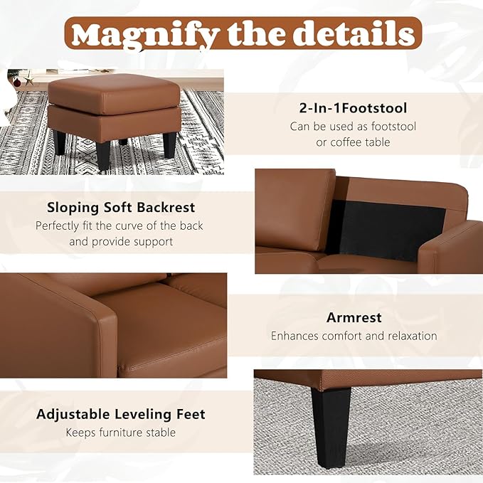 Small Sectional Sofa L Shape Convertible Leather Sleeper Couch with Lounge for Living Room Office Apartment, Brown