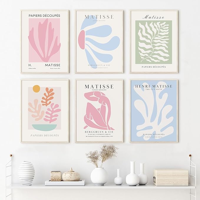 Henri Matisse Wall Art Prints Pink Blue Canvas Wall Decor Aesthetic Abstract Pictures Wall Art Danish Pastel Painting Henri Matisse Poster Trendy Plant Artwork for Bedroom 12x16 Inch Unframed Set of 6