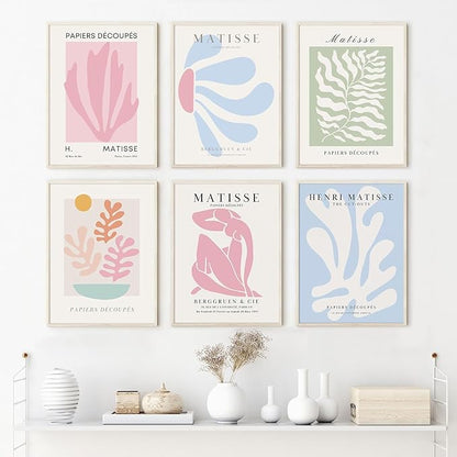 Henri Matisse Wall Art Prints Pink Blue Canvas Wall Decor Aesthetic Abstract Pictures Wall Art Danish Pastel Painting Henri Matisse Poster Trendy Plant Artwork for Bedroom 12x16 Inch Unframed Set of 6